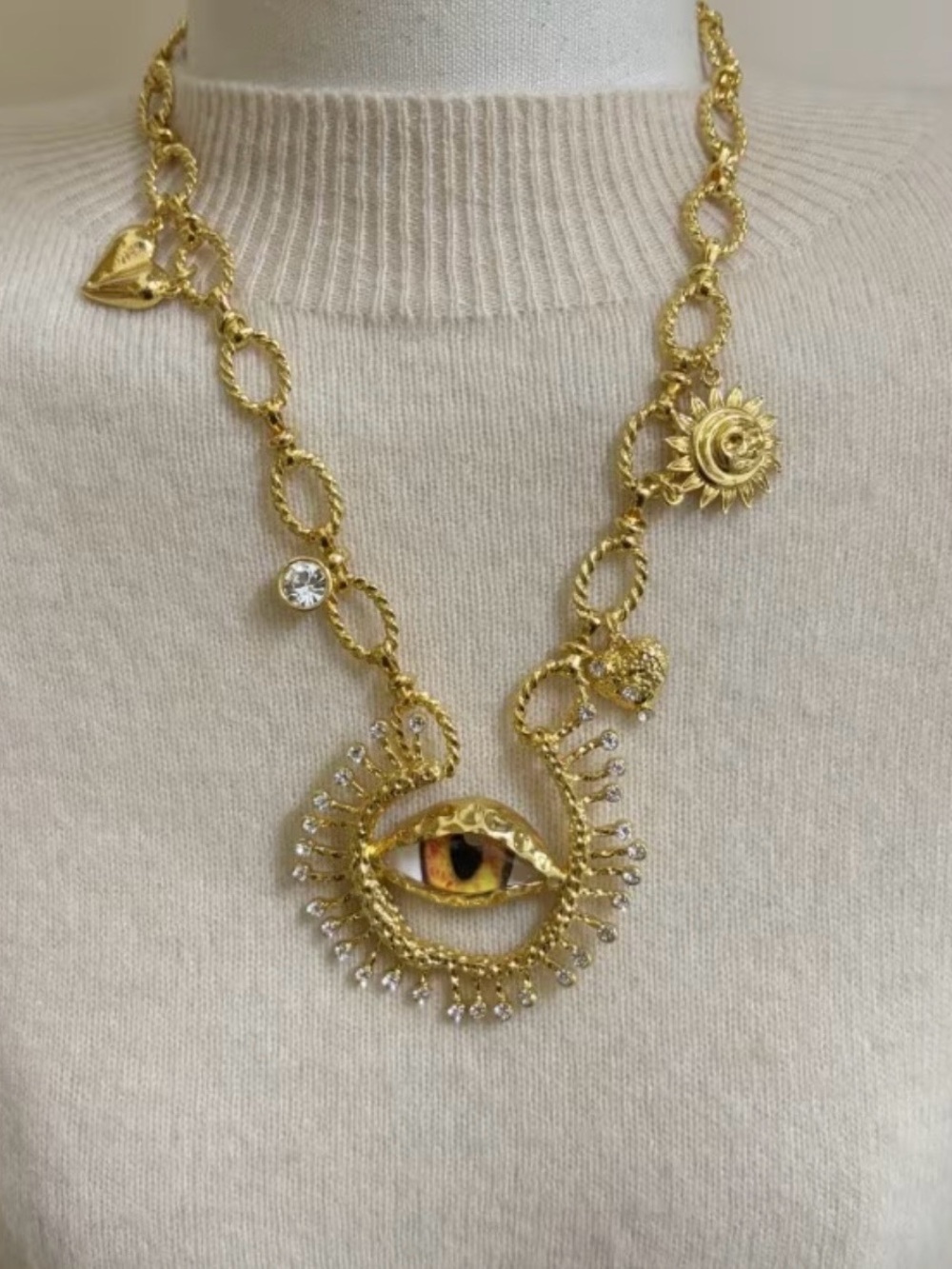 Schiaparelli Inspired Gold Eye Pendant Charm Necklace